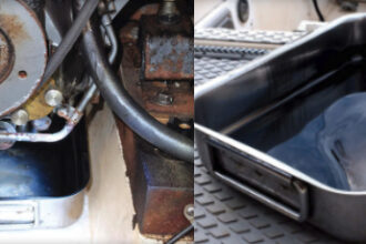 The basting pan does what it was made to do, but under an engine instead of a turkey, top left. It’s a boon at oil-change time, above.