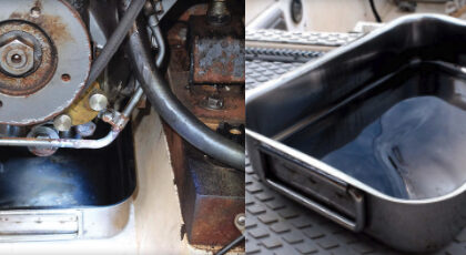 The basting pan does what it was made to do, but under an engine instead of a turkey, top left. It’s a boon at oil-change time, above.