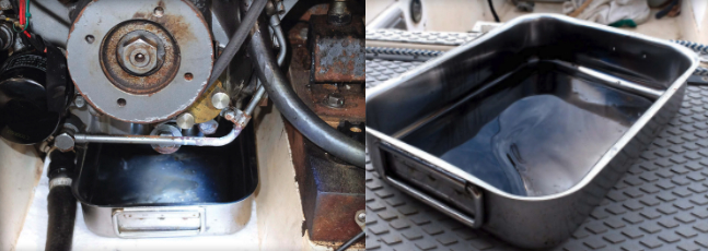 The basting pan does what it was made to do, but under an engine instead of a turkey, top left. It’s a boon at oil-change time, above.