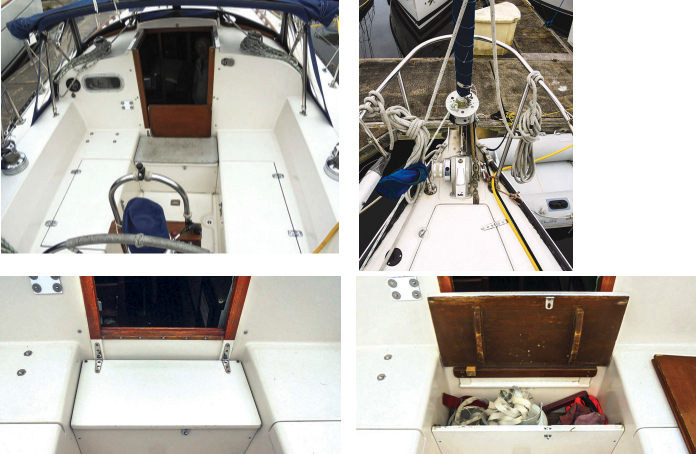 In nearly 30 years of owning grasal, their Ontario 32, facing page, Gregg and Jean Tranter have sailed thousands of ocean miles. The cockpit is wide and deep and the high coamings give good back support, at left. What with the headsail furler, anchor windlass, and anchor locker, there’s a lot going on at the narrow bow, below left. Cleats for docklines are port and starboard near the aft edge of the locker. To make up for the lack of a bridge deck, Gregg blocked the bottom of the companionway, bottom of page, and fitted a locker into the forward end of the cockpit footwell.