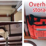 Hinged lockers for charts or other light items, top left, a coffee table that disappears when not in use, lower left, or life jackets to be grabbed in an instant, above, all fit between the deck beams.