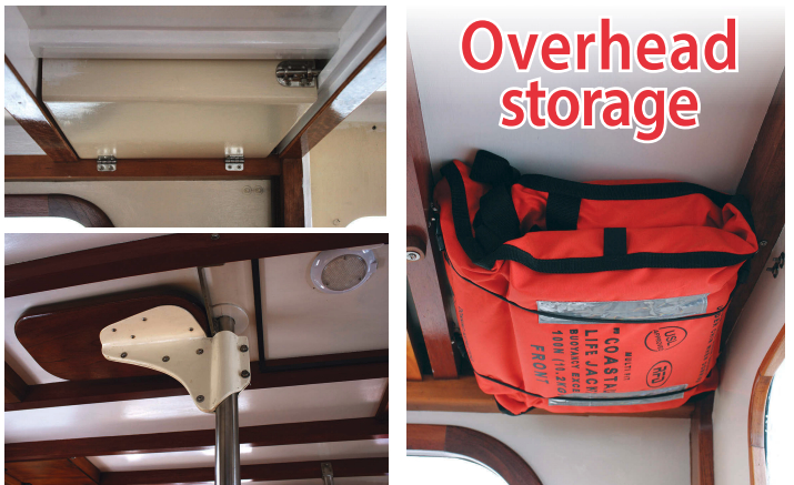 Hinged lockers for charts or other light items, top left, a coffee table that disappears when not in use, lower left, or life jackets to be grabbed in an instant, above, all fit between the deck beams.