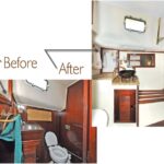 After removing the bulkhead the towel rail was fixed to (before) and co-opting the locker behind it, Roger transformed a dark cramped space into a stylish head (after).