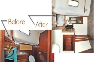 After removing the bulkhead the towel rail was fixed to (before) and co-opting the locker behind it, Roger transformed a dark cramped space into a stylish head (after).