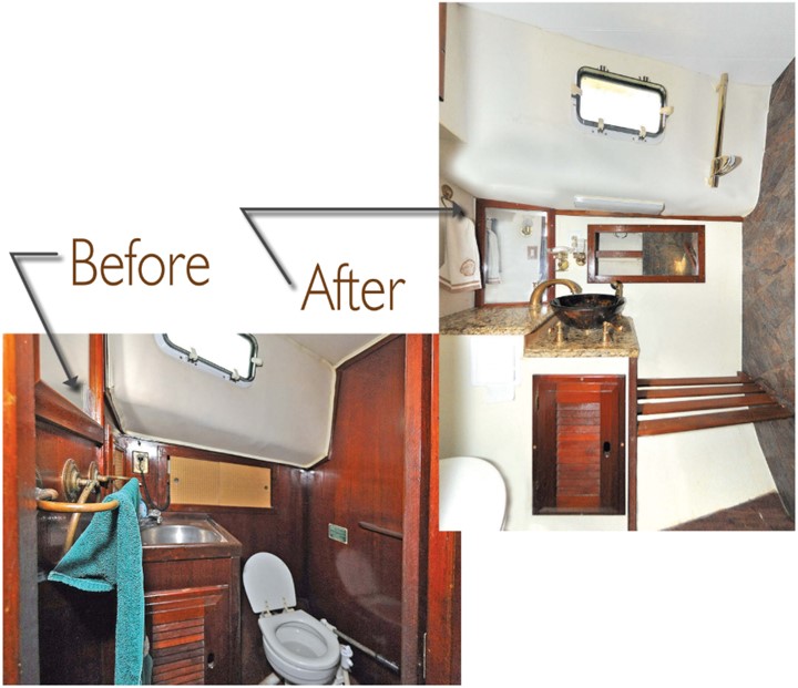 After removing the bulkhead the towel rail was fixed to (before) and co-opting the locker behind it, Roger transformed a dark cramped space into a stylish head (after).