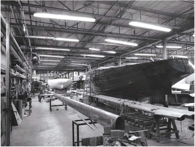 A row of Klacko-built 8-Meter masts at the Royal Canadian Yacht Club, main picture. In 1972, The Klackos’ spar shop occupied a lot of space at the C&C Custom Division.