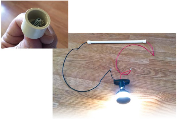 A cap at each end holds a spring taken from a wire nut of the type used in household wiring, at left. Tom now has portable power for testing 12-volt circuits.