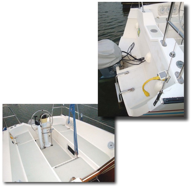 The Lancer’s cutaway transom, right, allows easy access to the swim platform in the scoop stern for swimming and dinghy boarding. The cockpit, at left, has long seats with high, well-angled backrests and a wide bridge deck. The controls for the outboard motor are on a post next to the pedestal.
