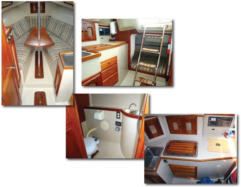 In the multifunctional forward cabin, top left, the dinette converts to a king-size berth. The galley and the electrical panel are to starboard of the companionway ladder and the double aft berth is behind it, top right. The galley, lower right, has a small sink, an alcohol cooktop with a cutting board cover, an icebox, drawers, and lockers outboard. The head, lower left, has a marine toilet and a telephone shower.