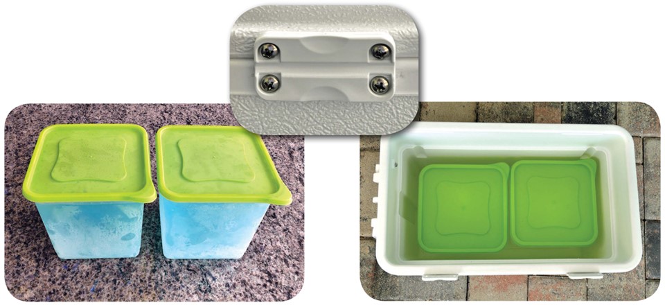 The cooler contains “cold” in the form of containers filled with a frozen mixture of water and alcohol that melts at a lower temperature than plain water ice, at left. The containers fit inside a standard cooler with space for air to flow around them, at right. The hinges allow the cooler’s lid to be easily removed, center.