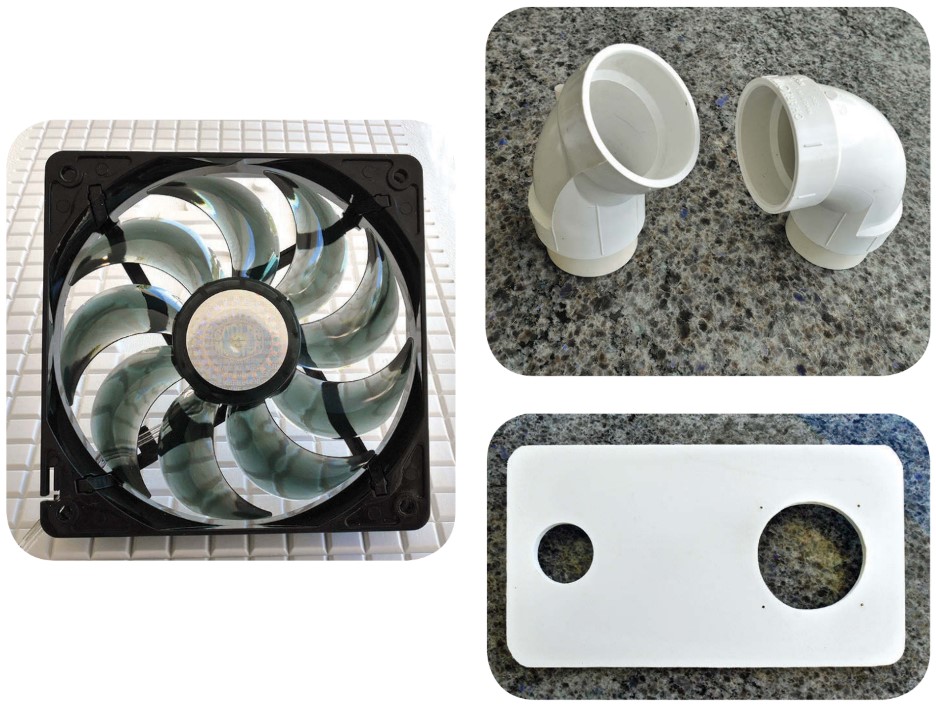 A small computer fan, left, provides enough airflow to maintain the cabin at a comfortable temperature. The airflow direction depends on the choice of elbow, top right. The fan and elbow attach to a panel that replaces the icebox lid, lower right.