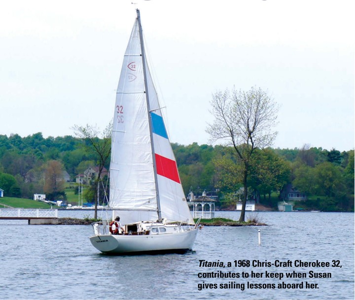 Titania, a 1968 Chris-Craft Cherokee 32, contributes to her keep when Susan gives sailing lessons aboard her.