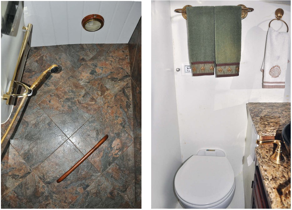 Vinyl tiles waterproof the shower-stall bulkheads, left, and white Plas-Tex sheet brightens up the remaining vertical faces, right.