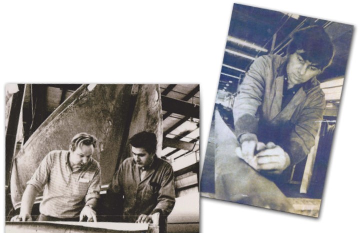Erich Bruckmann (left) and Martin Klacko pore over a blueprint at the C&C Custom Division in 1977, at left. A C&C 42 is in the background. Danny Klacko then, right.