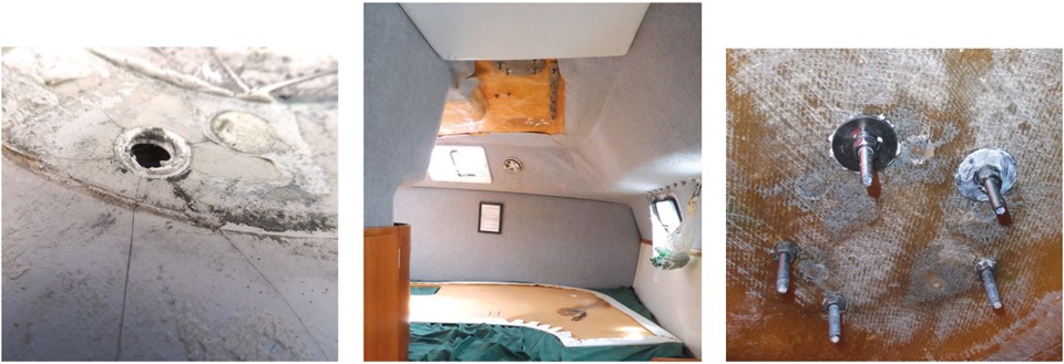 Cracks in the gelcoat, at left, caused by the winch starting to lift, were mostly hidden under the winch skirt until the winch was removed. Fortunately, there was not yet any significant damage to the laminate. To gain access to the underside of the deck, Drew had to unscrew the overhead liner and drop it onto the bunk, center. Just visible is the fiberglass backing plate Drew installed 5 years earlier after a winch pulled out of the deck. When the previous owner swapped the winches around, he used only lock washers under the forward bolts, and simply flipped over the distorted washers and reused them on the aft bolts, at right.