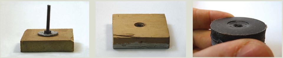 The 1⁄8-inch-thick aluminum washer began to distort just moments before the nut failed in the crush test, at left. This distortion did not begin to appear until the tension in the bolt was beyond its proof strength. At 523 pounds, the plain washer pulled well into the pine block, center. This is about the maximum safe working load for the 1⁄4-inch stainless-steel bolt, and the same load at which the first winch pulled bolts into Drew’s cored deck with similar washers. Within 24 hours, the HDPE washer was badly distorted, at right. Although it looked fine initially, it required repeated re-torquing to keep it tight. Damage to the wood began before the maximum working load was reached, and the HDPE continued to distort after the test was stopped.