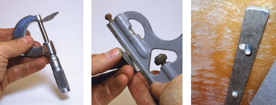 The micrometer measured this fender washer, found under a failed winch on a different boat, as .026 inch thick, thinner than a car license plate, at left. A .042- x 1⁄4-inch fender washer taken from the failed winch mounting on Drew’s boat, center, had deformed nearly 1⁄8 inch, allowing the winch to lift and cause minor damage to the fiberglass deck. A threaded backing bar (this one is 1⁄4- x 1-inch aluminum) can make a good backing plate for headsail tracks, at right. Drew used this one because he did not take down the overhead but rather fished the bar into place and inserted the bolts from above.