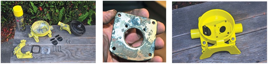 Glyn disassembled the pump, at left, sandblasted the corroded areas, and cleaned all the parts. He patched one corroded area with epoxy, center, before painting and reassembly, at right.