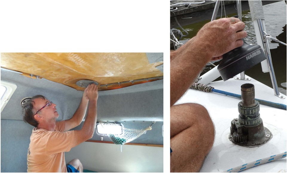 Drew used 1⁄8- x 1 1⁄4-inch aluminum washers he made himself because he was using relatively thin 3⁄16-inch FRP backing plate material, left. After the repair was complete, the final task was to place the freshly greased drum back on the winch, right. The gray butyl bedding tape is just visible squeezing out from under the base of the winch.