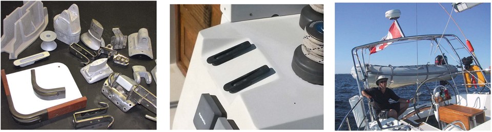 As well as spars and fabricated hardware, the Klacko brothers produced castings, at left, not just for C&C Yachts but also for Ontario Yachts, Hinterhoeller Yachts, and others. Among the custom metalwork they made for the C&C production line in the 1970s and ’80s was the distinctive C&C jam cleat, center. Martin Klacko’s Klacko Marine fabricates, among other things, cockpit arches, at right.