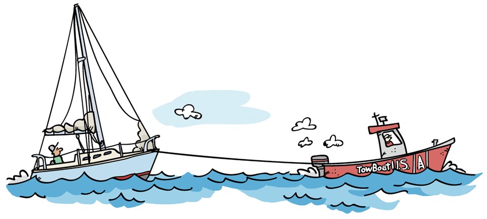 illustration of sailboat being towed