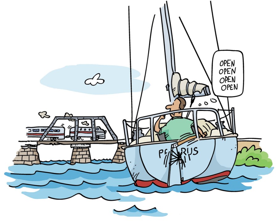 illustration of sailboat heading toward a bridge