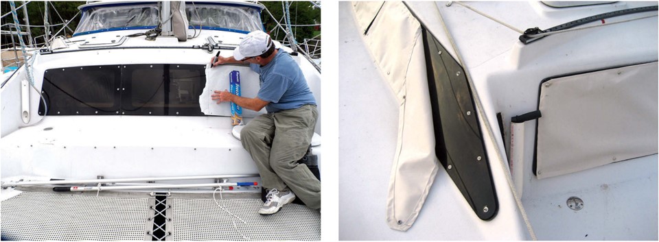 To protect the fixed windows on his catamaran from the sun’s damaging UV radiation, Drew made canvas covers for them. He began by making patterns out of freezer paper, at left. The covers attach to screw-in snaps that replace some of the windows’ fasteners, at right.