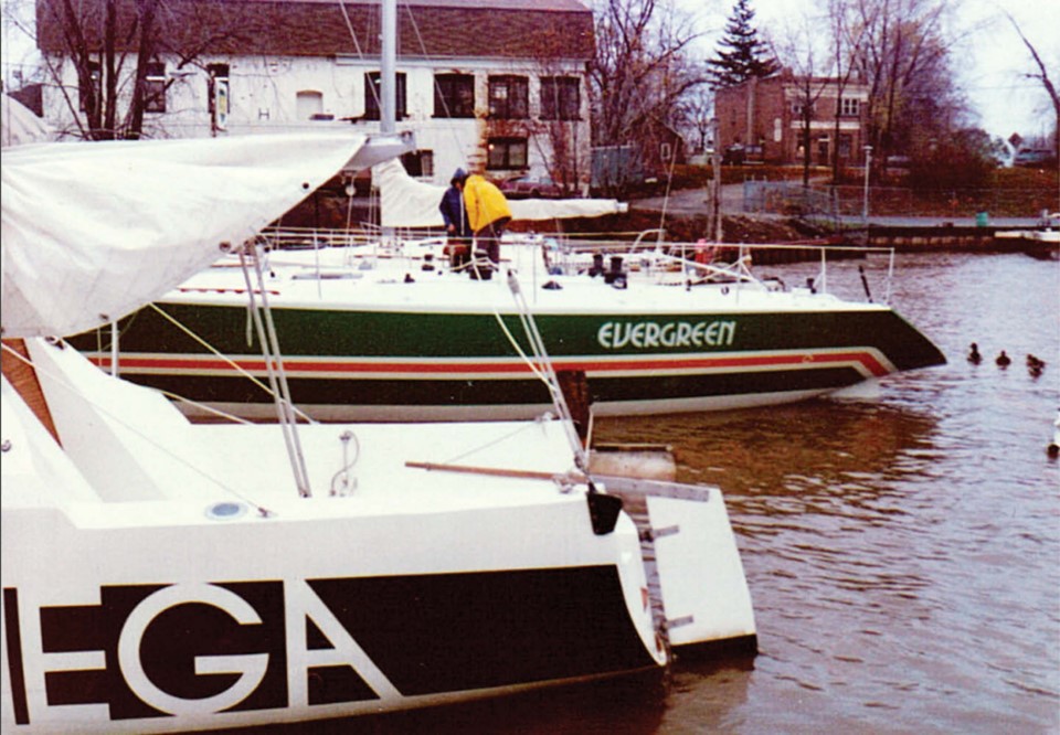 A rare photo of the aluminum prototype for the C&C Mega 30 shows her in 1978 in Bronte Harbour, Oakville, next to another product of C&C Custom Division, the Canada’s Cup winner Evergreen.