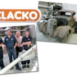 Alex Mcaulay (at left), Tim Doel, Danny Klacko, and Nolan Steele, on the floor at Klacko Spars, at left. Danny is restoring another Dodge truck, above right.