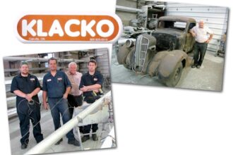 Alex Mcaulay (at left), Tim Doel, Danny Klacko, and Nolan Steele, on the floor at Klacko Spars, at left. Danny is restoring another Dodge truck, above right.