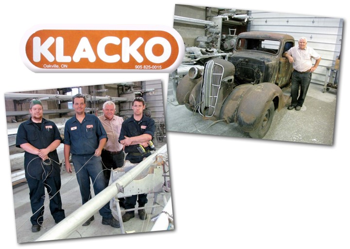 Alex Mcaulay (at left), Tim Doel, Danny Klacko, and Nolan Steele, on the floor at Klacko Spars, at left. Danny is restoring another Dodge truck, above right.