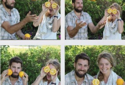 man and woman with fruit
