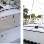As well as protecting the plastic windows from dirt and sun damage, the white Sunbrella covers, at left, cut down on heat gain in the boat’s interior in summer and heat loss in winter, making life on board more comfortable. They are also tidy-looking, at right.