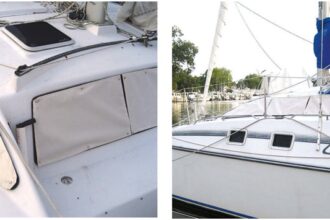 As well as protecting the plastic windows from dirt and sun damage, the white Sunbrella covers, at left, cut down on heat gain in the boat’s interior in summer and heat loss in winter, making life on board more comfortable. They are also tidy-looking, at right.