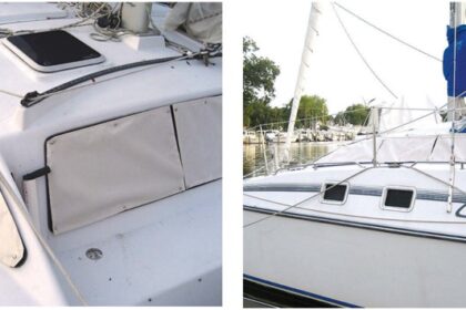 As well as protecting the plastic windows from dirt and sun damage, the white Sunbrella covers, at left, cut down on heat gain in the boat’s interior in summer and heat loss in winter, making life on board more comfortable. They are also tidy-looking, at right.
