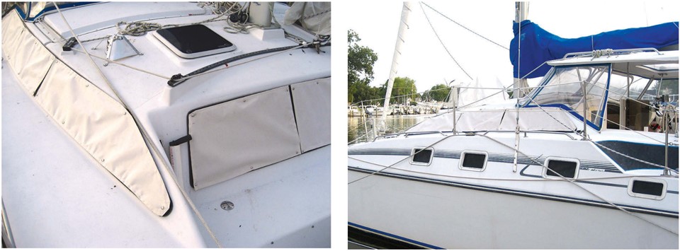 As well as protecting the plastic windows from dirt and sun damage, the white Sunbrella covers, at left, cut down on heat gain in the boat’s interior in summer and heat loss in winter, making life on board more comfortable. They are also tidy-looking, at right.