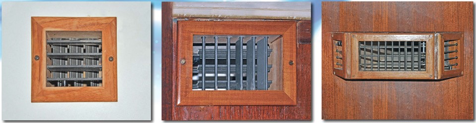 Although only 3 inches square, the smaller vents cool the cabins and bathrooms perfectly, at left. The main vents into the large saloon are 7 x 3 inches, center, and have vanes that can be adjusted to deflect air in any direction. Roger made one vent from three separate vents, at right. It distributes cool air more evenly than a single vent and can be adjusted as needed.
