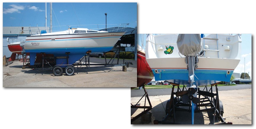 With California Dreamin’ on her trailer, left, the fin keel, spade rudder, and the flat, chined aft quarter of the hull are easily visible. The “finite ventilating surface-piercing foils” that enable the hull to plane and achieve double-digit speeds resolve into an unusual shape at the stern, at right.