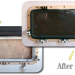 Howard’s opening port was missing two dogs because the hinge supports had cracked over time and broken off, top left. After his novel repair, top right, the port has all its dogs and no longer leaks.