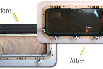 Howard’s opening port was missing two dogs because the hinge supports had cracked over time and broken off, top left. After his novel repair, top right, the port has all its dogs and no longer leaks.