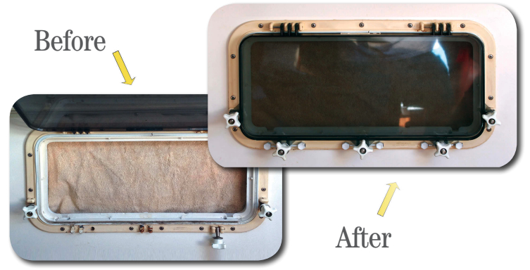 Howard’s opening port was missing two dogs because the hinge supports had cracked over time and broken off, top left. After his novel repair, top right, the port has all its dogs and no longer leaks.