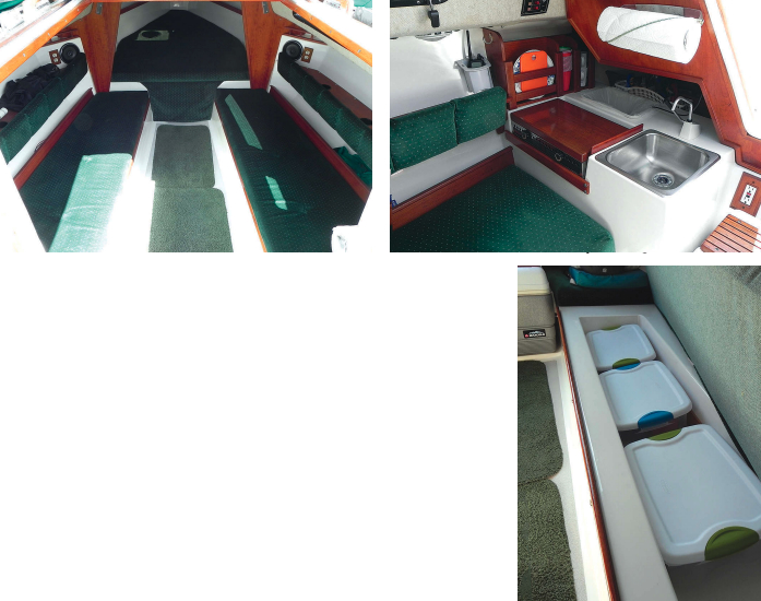Owners praise the generous volume of the interior, at left, which is achieved in part by the use of the arch and bulkhead instead of a compression post under the mast. Although in a compact space next to the companionway, at right, the galley has room for a two-burner alcohol stove, a sink, a trash receptacle, and stowage for plates and glasses. The port-side settee has ample stowage beneath, below.
