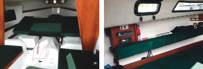 The V-berth is spacious, at left, but the cushion must be removed whenever anyone needs to use the portable toilet. This is fine in the daytime but inconvenient at night. In the saloon, at right, good use is made of opportunities for providing stowage spaces: behind the settees, behind the padded backrests, and on small shelves. The opening port, fixed ports, and companionway let in light and air.