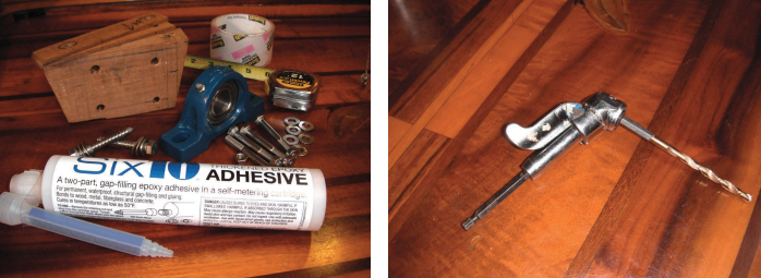 A teak block, teak shims, lag bolts, hex bolts, and epoxy were all the materials needed, at left. A crucial tool was the angle drill, at right.