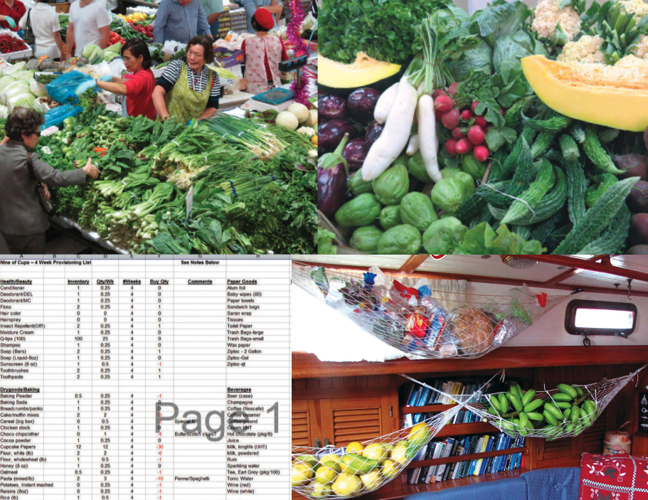Fresh markets the world over, from Sydney, top of facing page, to Rodrigues Island in the Indian Ocean and Port Vila, Vanuatu, offer prolific and bewildering choices of vegetables, fruits, and other delights that never make their way onto a provisioning spreadsheet, at left, because . . . who would know what to name them? Once she’s brought her “freshies” on board, Marcie stows them in hammocks, top of page, where they are in plain view.