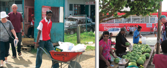 The New World Grocery in Labasa, Fiji, carries the weight with a delivery service by wheelbarrow, far left. David found the melons at a streetside market in Savusavu, Fiji, irresistible, near left.