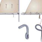 A simple slab-reefing system has a reef hook for the luff cringle and a line for securing the clew. A straight reef hook can be fastened at the gooseneck, for a two-line system, or used in conjunction with a block to haul down the luff cringle in a single-line reefing system. A ram’s horn reef hook on the gooseneck is more secure than a straight hook.