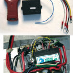 The remote control Darren ordered came as two components: the hand-held transmitter and a control box to mount beside the windlass controls, at top of page. Darren liked that this remote had a recessed on/off switch (red button) and an indicator light that shows it is on. The small control box for the remote fit neatly to the left of the larger windlass control box, at right. The yellow and white control wires that pair to the original green and white wires from the windlass control switch are easy to see.