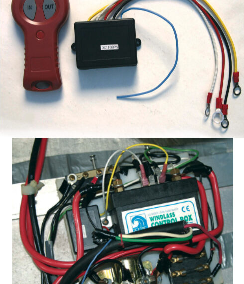 The remote control Darren ordered came as two components: the hand-held transmitter and a control box to mount beside the windlass controls, at top of page. Darren liked that this remote had a recessed on/off switch (red button) and an indicator light that shows it is on. The small control box for the remote fit neatly to the left of the larger windlass control box, at right. The yellow and white control wires that pair to the original green and white wires from the windlass control switch are easy to see.