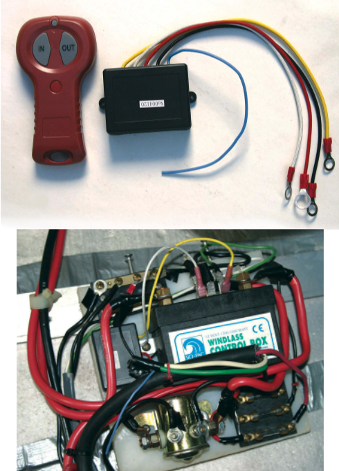 The remote control Darren ordered came as two components: the hand-held transmitter and a control box to mount beside the windlass controls, at top of page. Darren liked that this remote had a recessed on/off switch (red button) and an indicator light that shows it is on. The small control box for the remote fit neatly to the left of the larger windlass control box, at right. The yellow and white control wires that pair to the original green and white wires from the windlass control switch are easy to see.